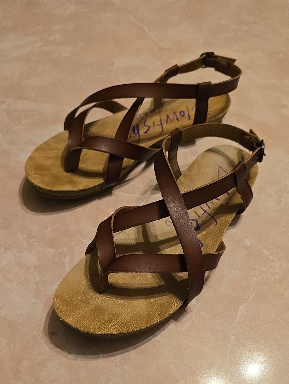 Blowfish Malibu Women's Brown Strappy Cross-Over Sandals with Ankle Buckle